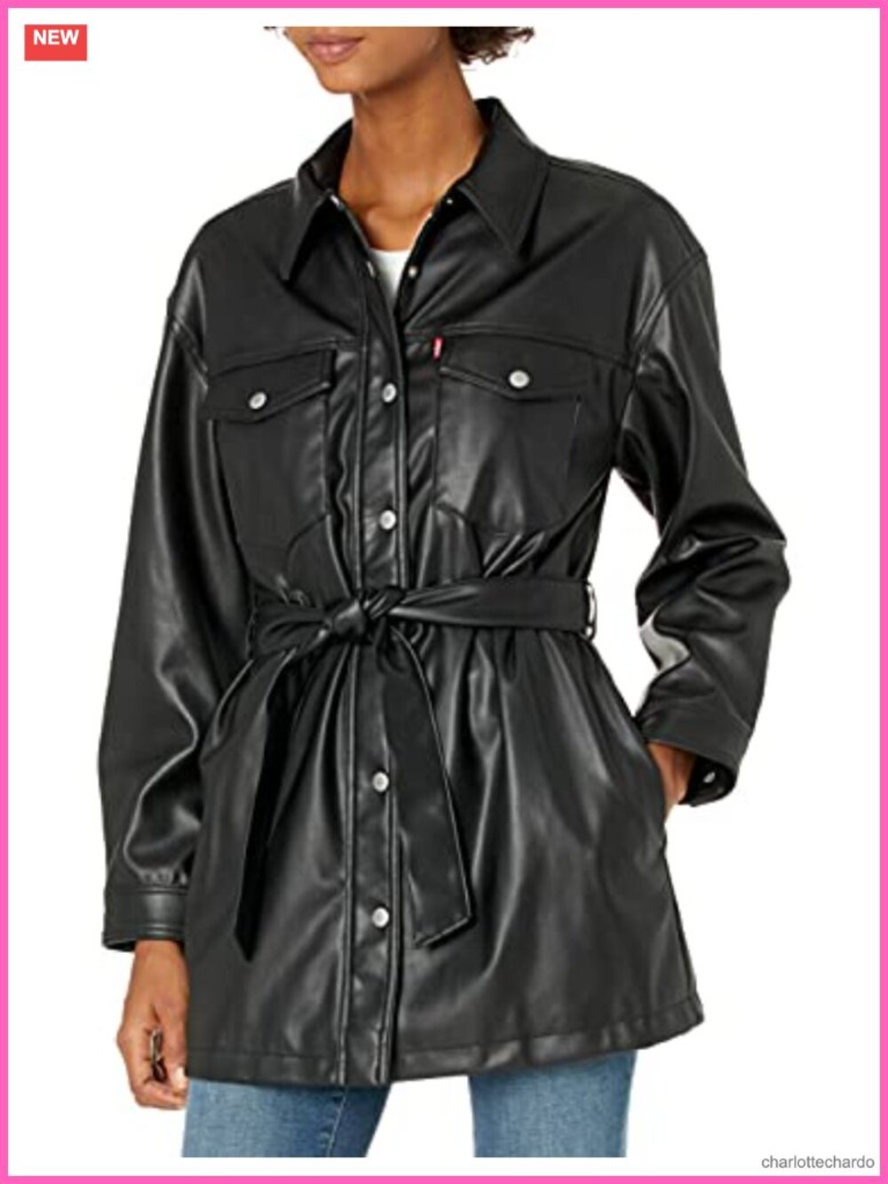 Faux Leather Belted Shirt Jacket Long Sleeve Aviator Snap Front